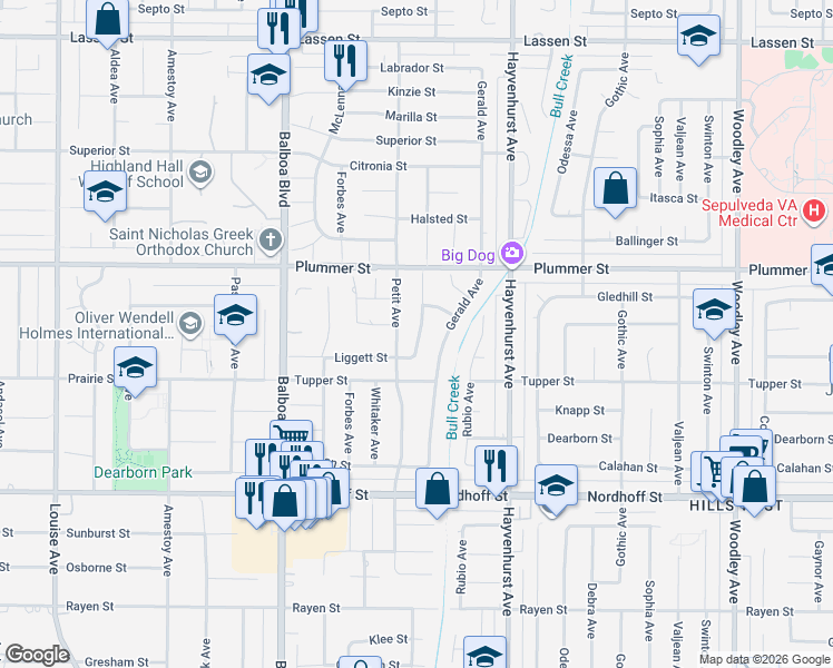 map of restaurants, bars, coffee shops, grocery stores, and more near 9342 Ruffner Avenue in Los Angeles
