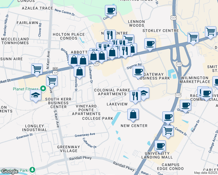 map of restaurants, bars, coffee shops, grocery stores, and more near 5040 Lamppost Circle in Wilmington