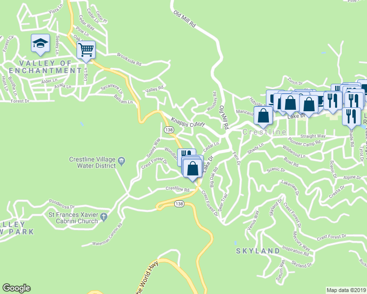 map of restaurants, bars, coffee shops, grocery stores, and more near 693 California 138 in Crestline