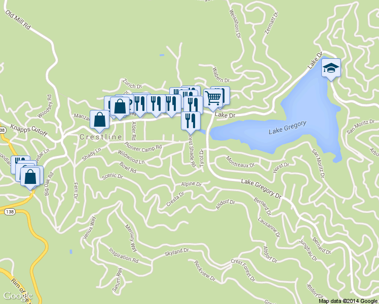map of restaurants, bars, coffee shops, grocery stores, and more near 690 Forest Shade Road in Crestline