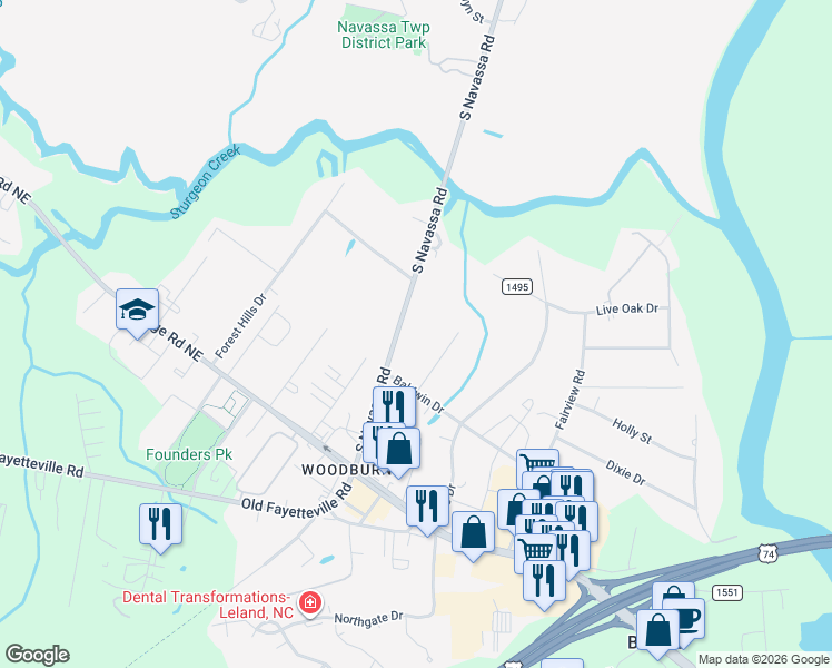 map of restaurants, bars, coffee shops, grocery stores, and more near 109 Lake Dr in Leland