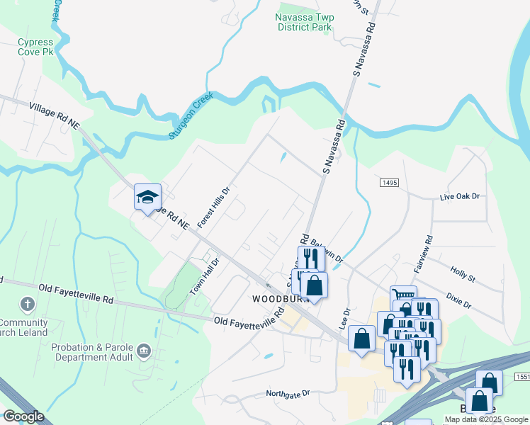 map of restaurants, bars, coffee shops, grocery stores, and more near 135 Dresser Lane in Leland