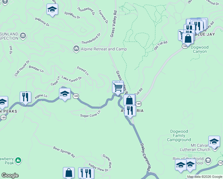 map of restaurants, bars, coffee shops, grocery stores, and more near 16684 Lake Forest Drive in Twin Peaks