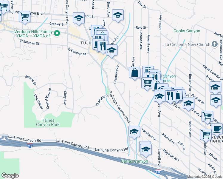 map of restaurants, bars, coffee shops, grocery stores, and more near 9522 Tujunga Canyon Boulevard in Los Angeles