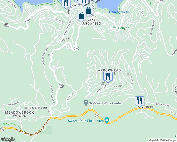 map of restaurants, bars, coffee shops, grocery stores, and more near 682 Buckingham Square in Lake Arrowhead