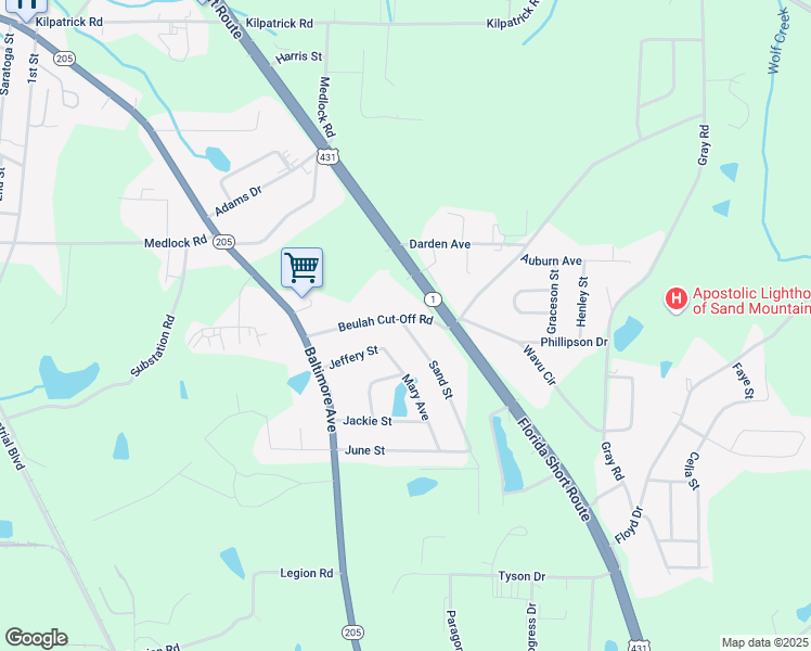 map of restaurants, bars, coffee shops, grocery stores, and more near 103 Sand Street in Albertville