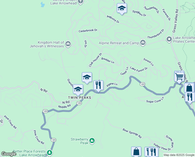 map of restaurants, bars, coffee shops, grocery stores, and more near 706 Rose Lane in Twin Peaks