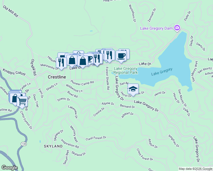 map of restaurants, bars, coffee shops, grocery stores, and more near 711 Forest Shade Road in Crestline
