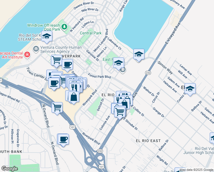 map of restaurants, bars, coffee shops, grocery stores, and more near 319 Elk River Place in Oxnard