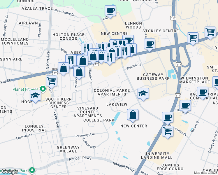map of restaurants, bars, coffee shops, grocery stores, and more near 5040 Lamppost Circle in Wilmington