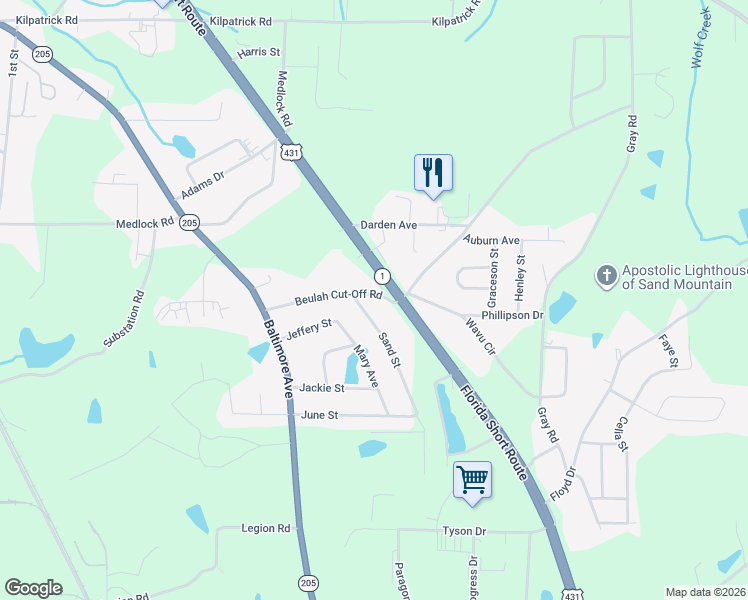 map of restaurants, bars, coffee shops, grocery stores, and more near 103 Sand Street in Albertville