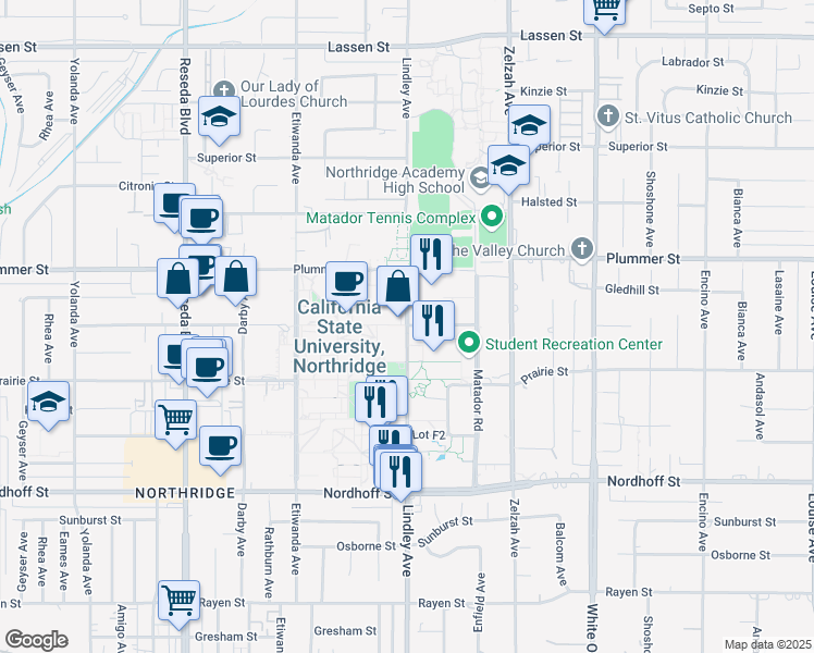 map of restaurants, bars, coffee shops, grocery stores, and more near Cal State University Northridge in Los Angeles