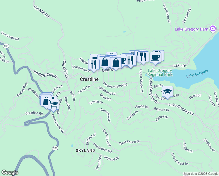 map of restaurants, bars, coffee shops, grocery stores, and more near 23886 Wildwood Lane in Crestline