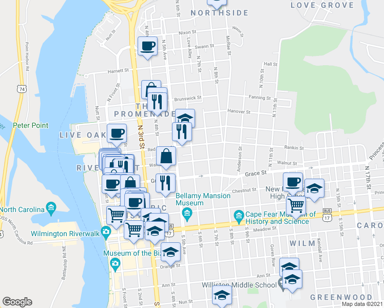 map of restaurants, bars, coffee shops, grocery stores, and more near 409 North 6th Street in Wilmington