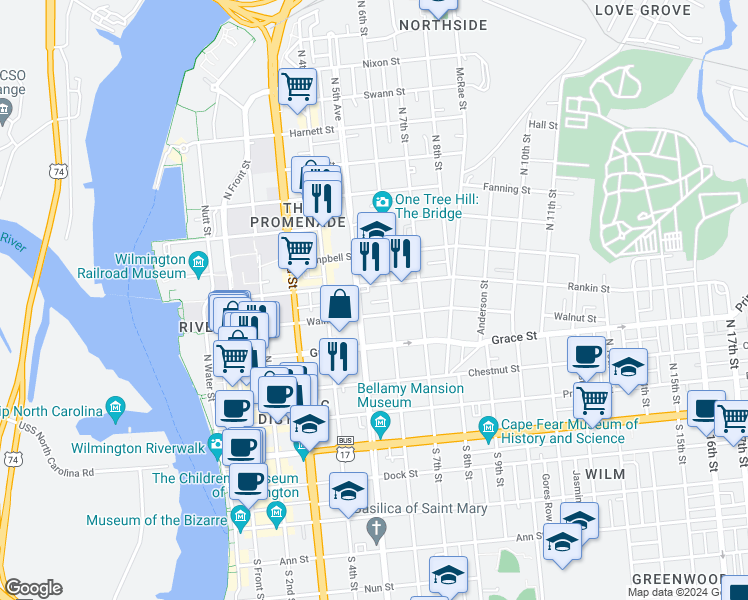 map of restaurants, bars, coffee shops, grocery stores, and more near 505 Peabody Alley in Wilmington