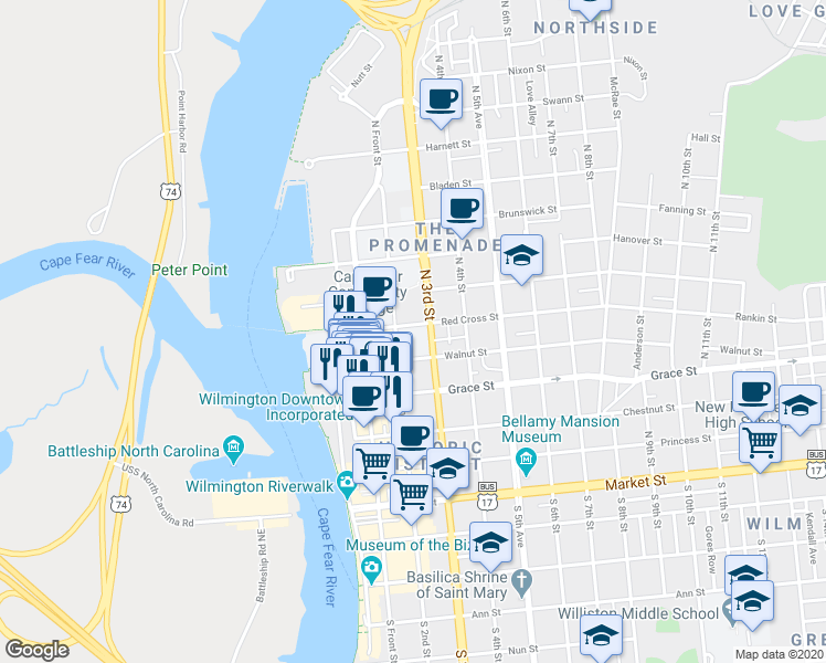 map of restaurants, bars, coffee shops, grocery stores, and more near 408 North 2nd Street in Wilmington