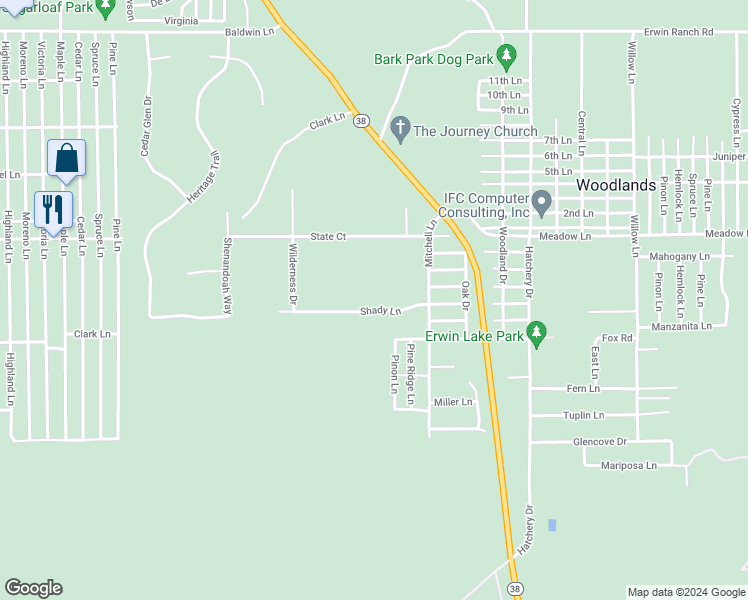 map of restaurants, bars, coffee shops, grocery stores, and more near 1947 Shady Lane in Big Bear