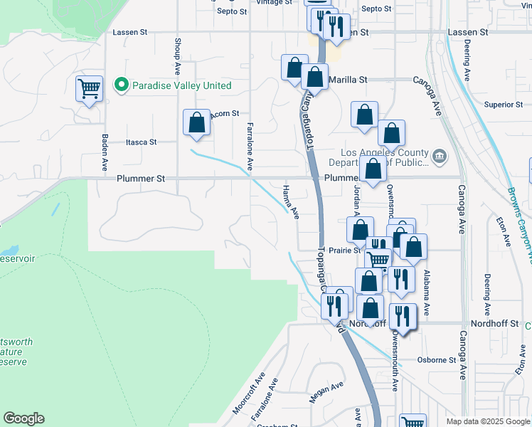 map of restaurants, bars, coffee shops, grocery stores, and more near 9429 Glade Avenue in Los Angeles