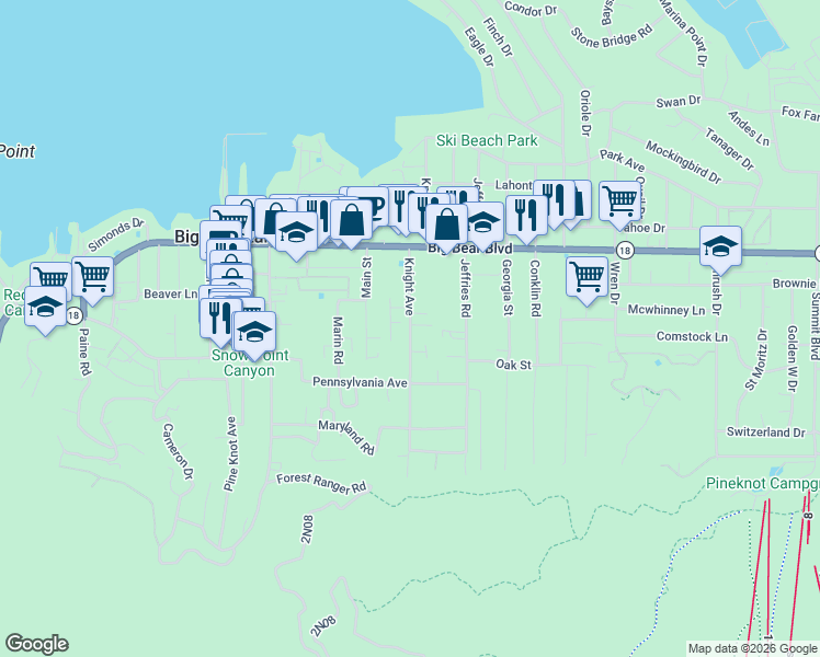 map of restaurants, bars, coffee shops, grocery stores, and more near 675 Knight Avenue in Big Bear Lake