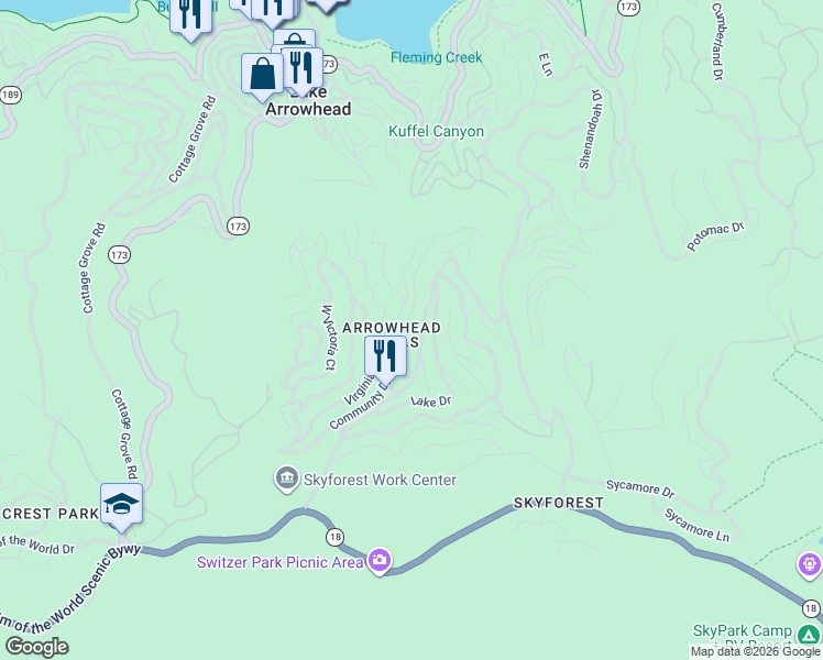 map of restaurants, bars, coffee shops, grocery stores, and more near 709 Arrowhead Villa Road in San Bernardino