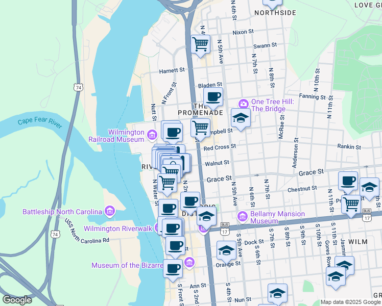 map of restaurants, bars, coffee shops, grocery stores, and more near 408 North 2nd Street in Wilmington