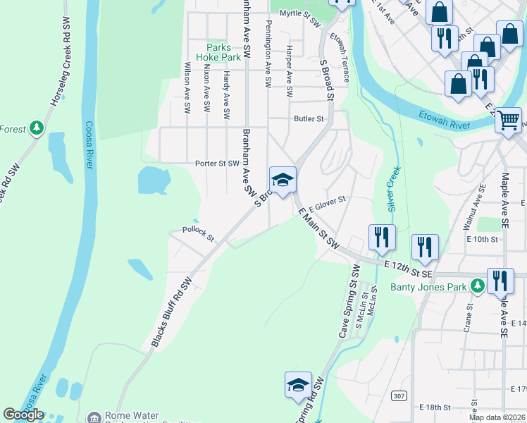 map of restaurants, bars, coffee shops, grocery stores, and more near 705 South Broad Street in Rome