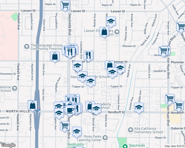 map of restaurants, bars, coffee shops, grocery stores, and more near 9393 Burnet Avenue in Los Angeles
