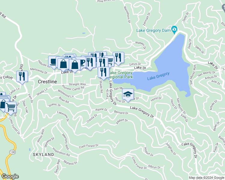map of restaurants, bars, coffee shops, grocery stores, and more near 24155 San Moritz Drive in Crestline