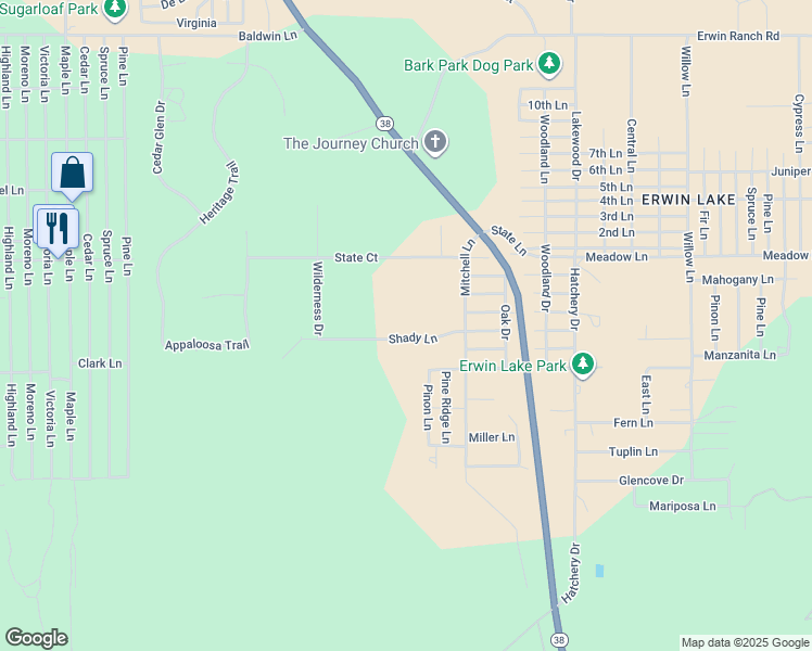 map of restaurants, bars, coffee shops, grocery stores, and more near 1947 Shady Lane in Big Bear
