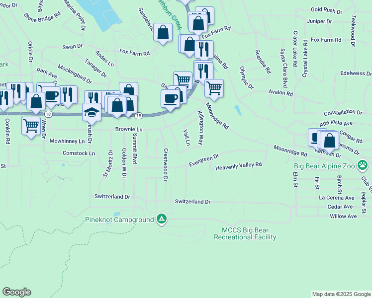 map of restaurants, bars, coffee shops, grocery stores, and more near 624 Vail Lane in Big Bear Lake