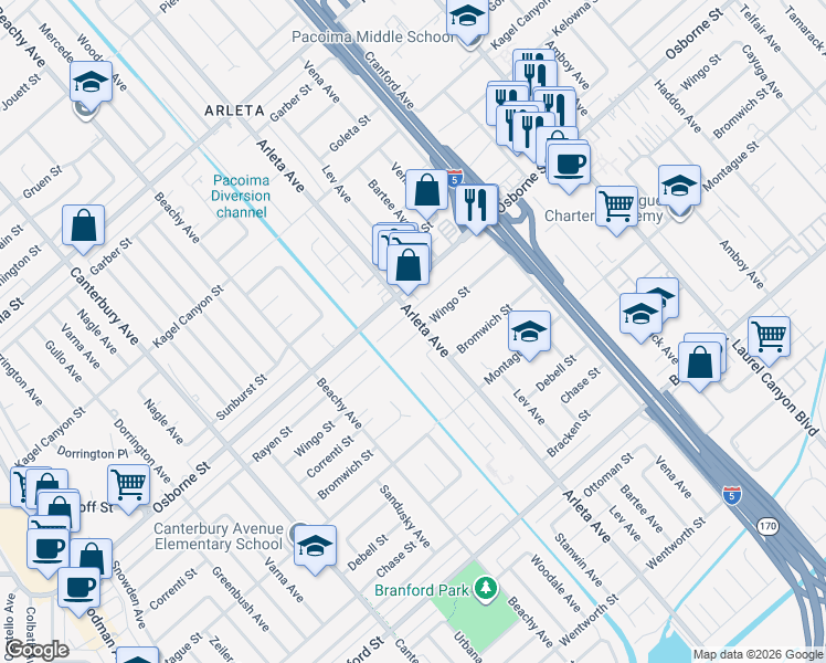 map of restaurants, bars, coffee shops, grocery stores, and more near 13410 Wingo Street in Los Angeles