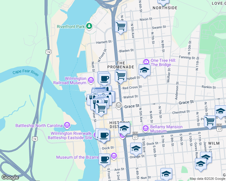 map of restaurants, bars, coffee shops, grocery stores, and more near 408 North 2nd Street in Wilmington