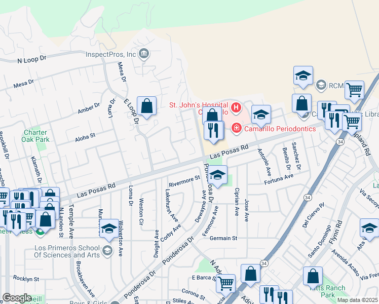 map of restaurants, bars, coffee shops, grocery stores, and more near 2203 Calle Bellota in Camarillo