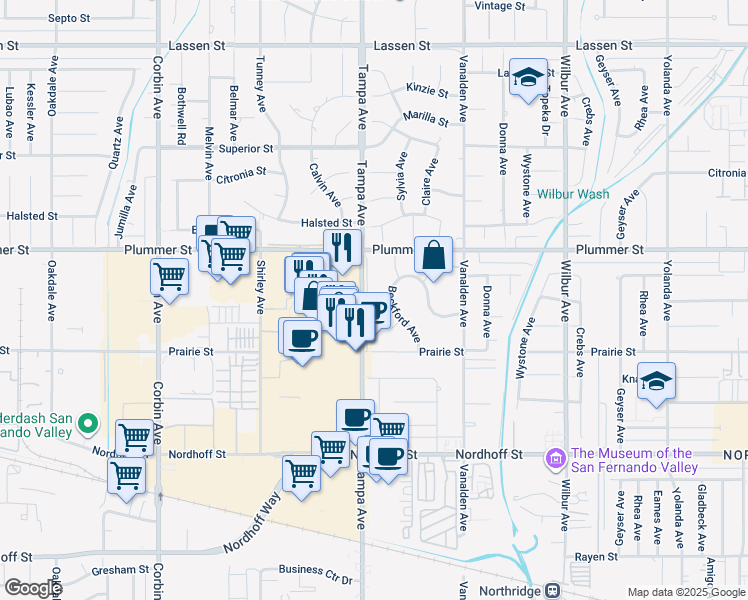 map of restaurants, bars, coffee shops, grocery stores, and more near 9400 Tampa Avenue in Los Angeles