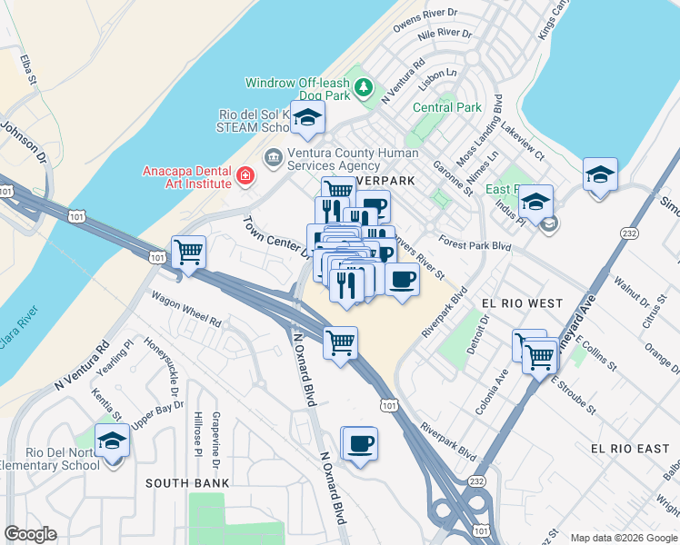 map of restaurants, bars, coffee shops, grocery stores, and more near 2750 Portico Way in Oxnard