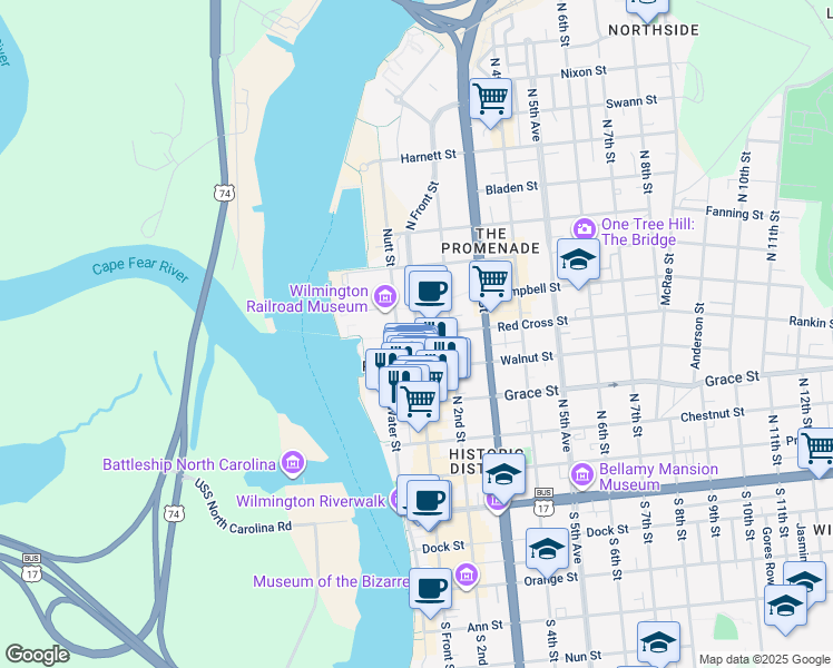 map of restaurants, bars, coffee shops, grocery stores, and more near in Wilmington