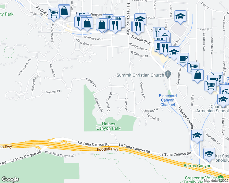 map of restaurants, bars, coffee shops, grocery stores, and more near 6849 Northford Drive in Los Angeles