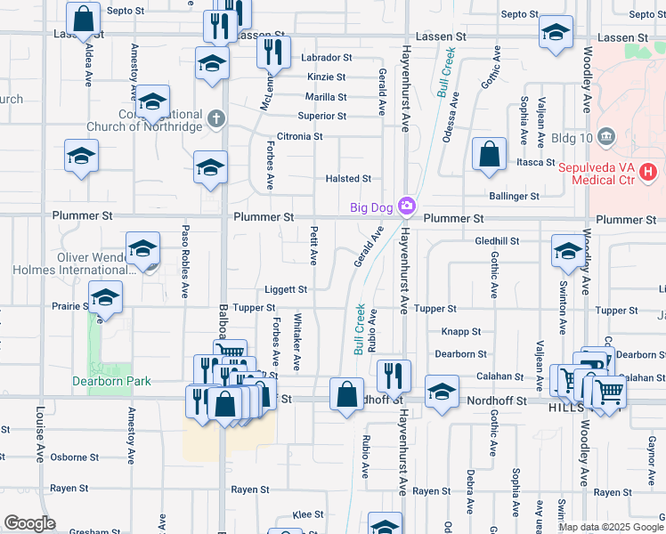 map of restaurants, bars, coffee shops, grocery stores, and more near 9355 Ruffner Avenue in Los Angeles