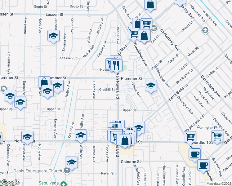 map of restaurants, bars, coffee shops, grocery stores, and more near 9353 Van Nuys Boulevard in Los Angeles