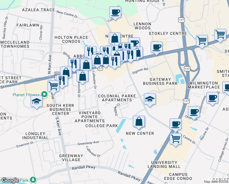 map of restaurants, bars, coffee shops, grocery stores, and more near 5040 Lamppost Circle in Wilmington