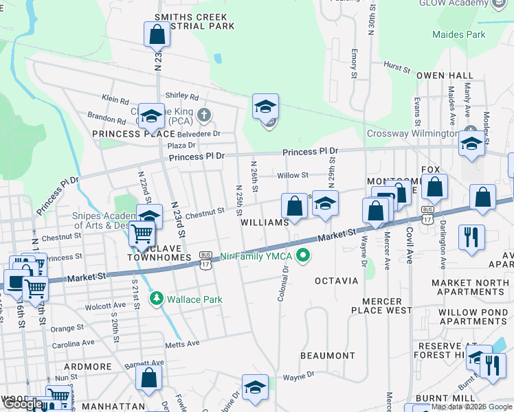 map of restaurants, bars, coffee shops, grocery stores, and more near 114 N 25th St in Wilmington
