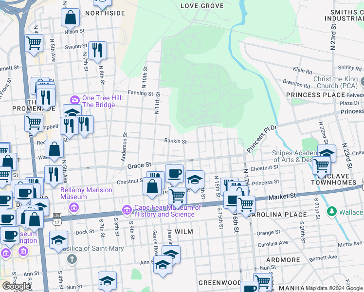 map of restaurants, bars, coffee shops, grocery stores, and more near 1205 Walnut Street in Wilmington