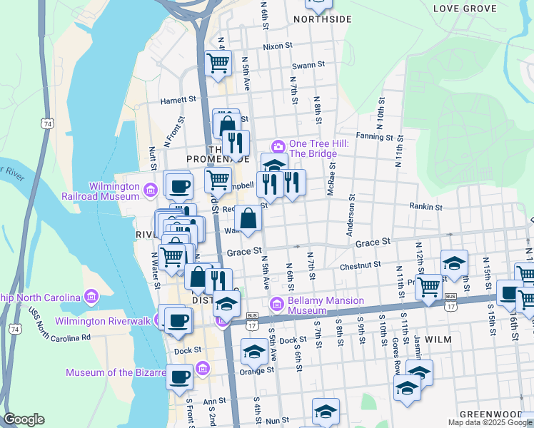map of restaurants, bars, coffee shops, grocery stores, and more near 513 Walnut Street in Wilmington