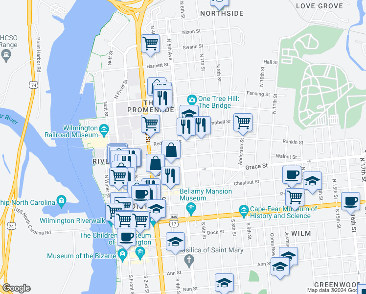map of restaurants, bars, coffee shops, grocery stores, and more near 513 Walnut Street in Wilmington