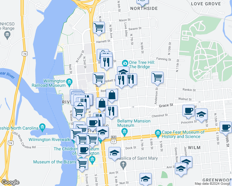 map of restaurants, bars, coffee shops, grocery stores, and more near 415 Walnut Street in Wilmington