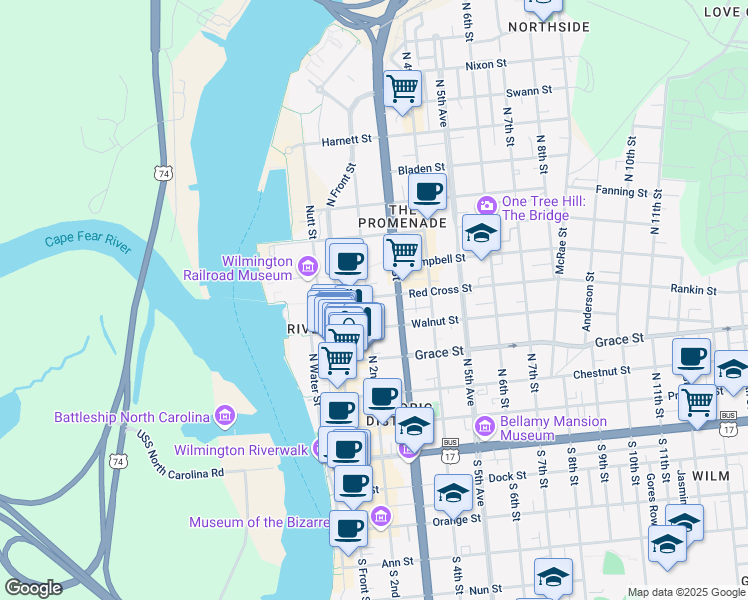 map of restaurants, bars, coffee shops, grocery stores, and more near 408 North 2nd Street in Wilmington