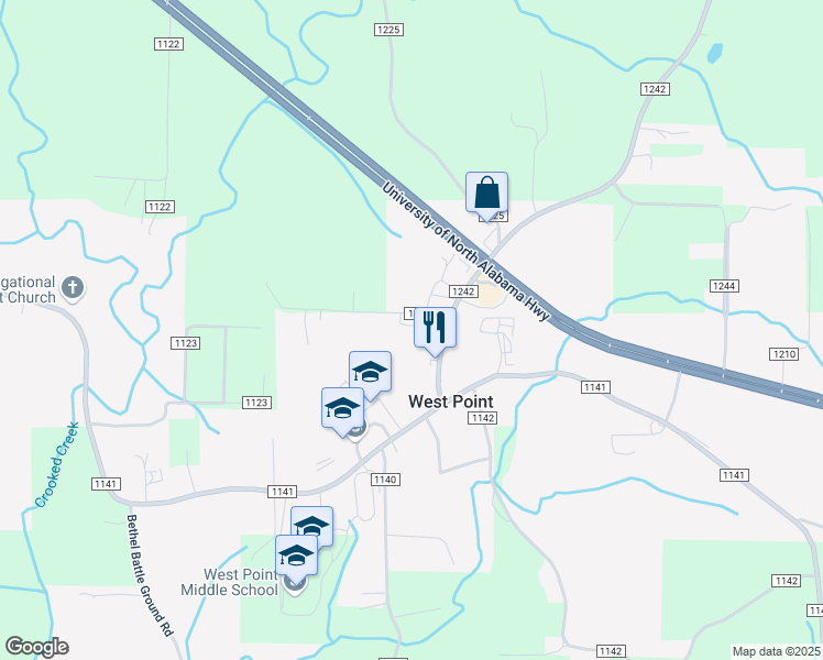 map of restaurants, bars, coffee shops, grocery stores, and more near 165 County Road 1242 in Vinemont