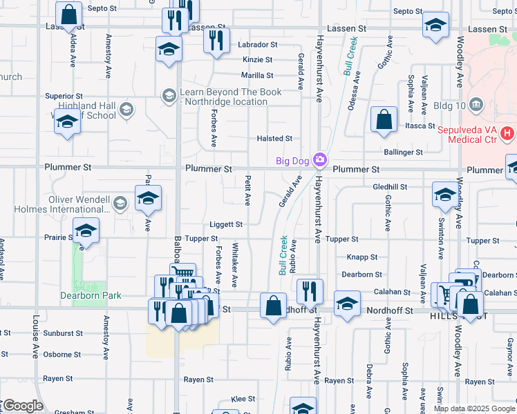 map of restaurants, bars, coffee shops, grocery stores, and more near 9355 Ruffner Avenue in Los Angeles