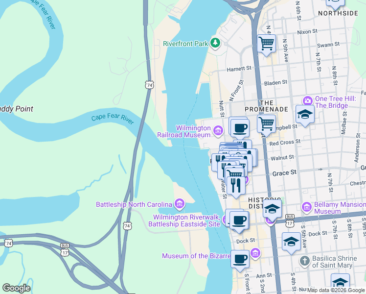 map of restaurants, bars, coffee shops, grocery stores, and more near in Wilmington