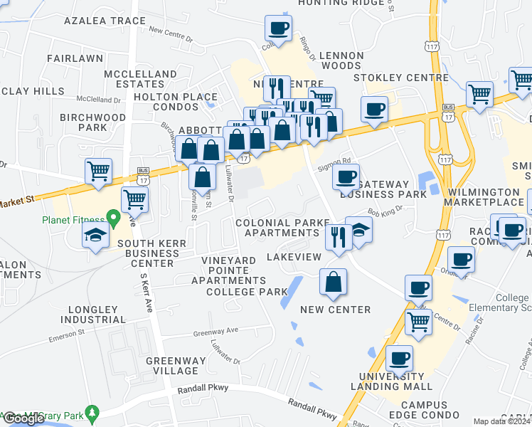 map of restaurants, bars, coffee shops, grocery stores, and more near 5043 Lamppost Circle in Wilmington